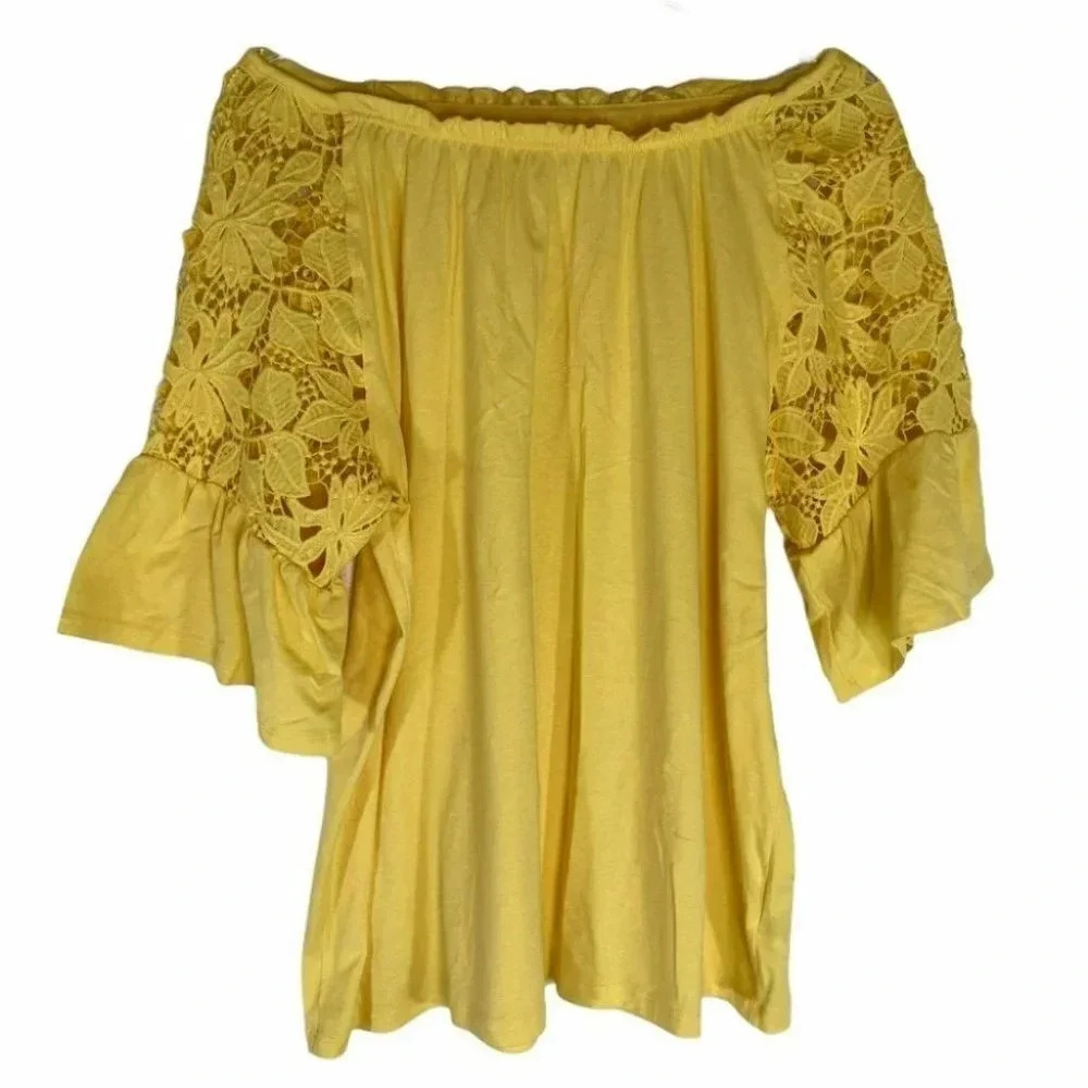 Rebecca Malone L yellow off the shoulder lace top